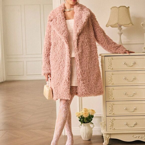 Pink Casual Women's Faux Shearling Crisp Collar Mid-Length Jacket - Picture 4 of 8